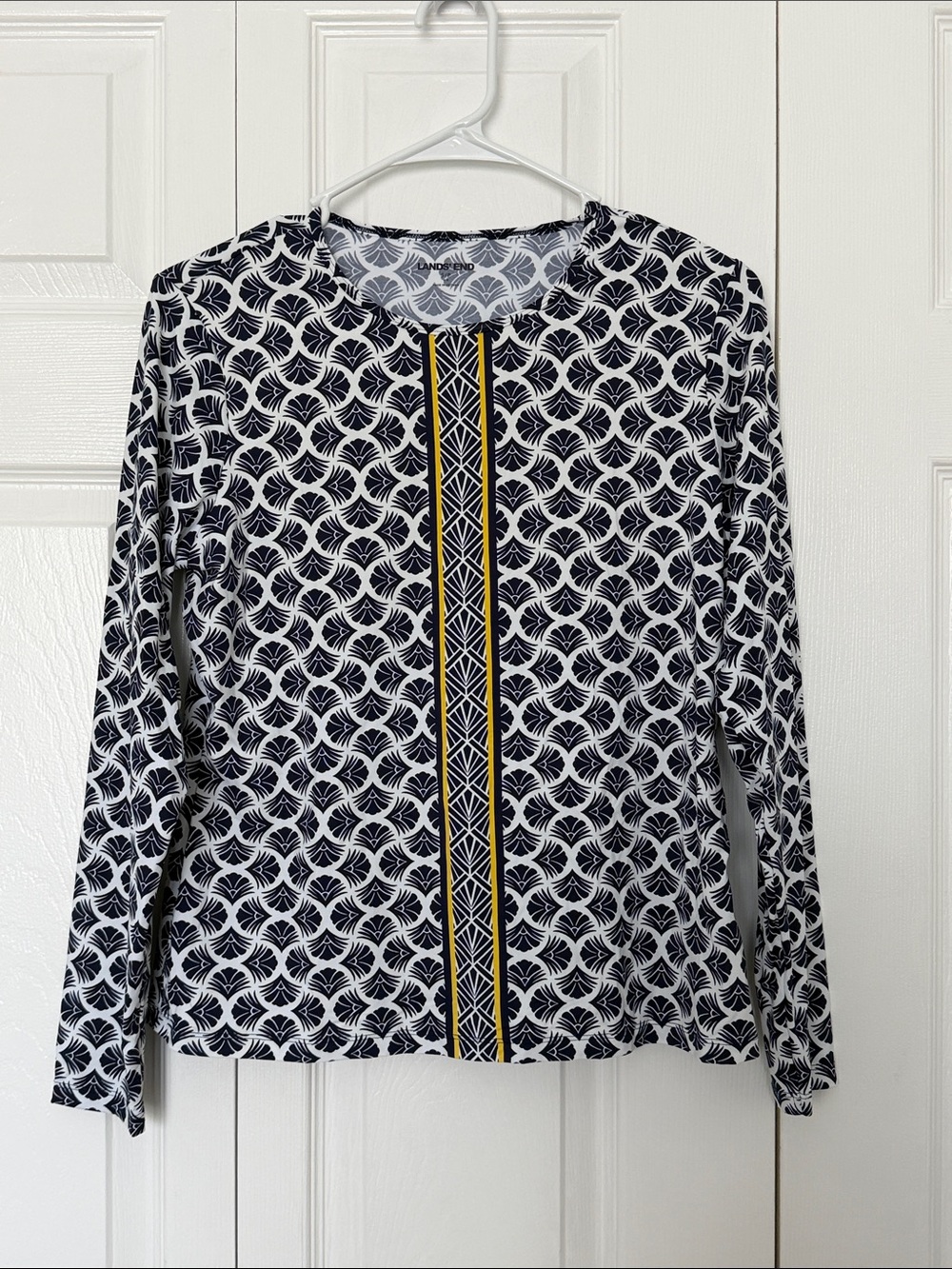 Lands' End Navy and White Geometric Long-Sleeve Top with Yellow Center Stripe
